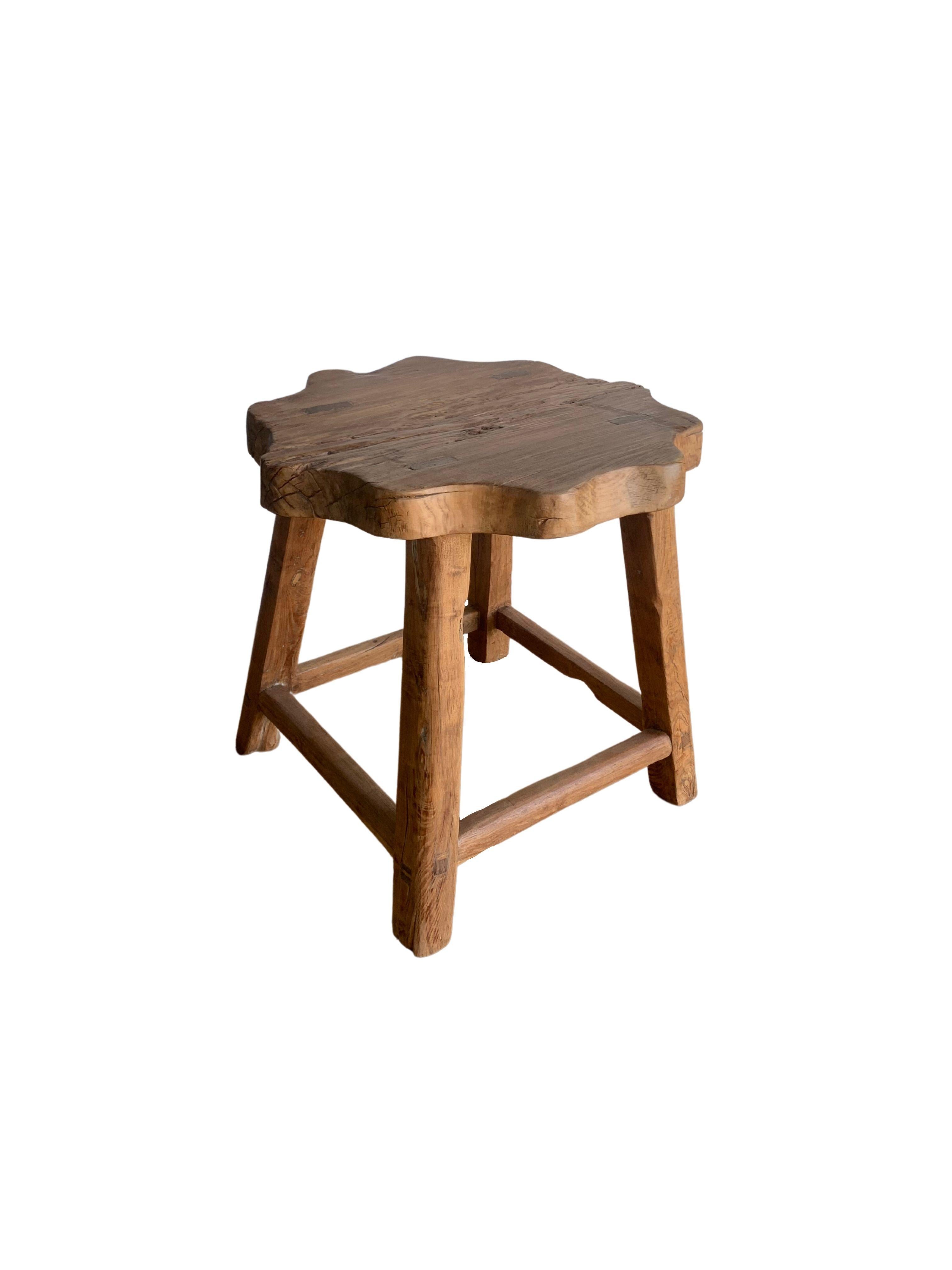 Hand-Carved Vintage Chinese Elm Wood Stool with Warm Wood Texture