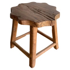 Vintage Chinese Elm Wood Stool with Warm Wood Texture
