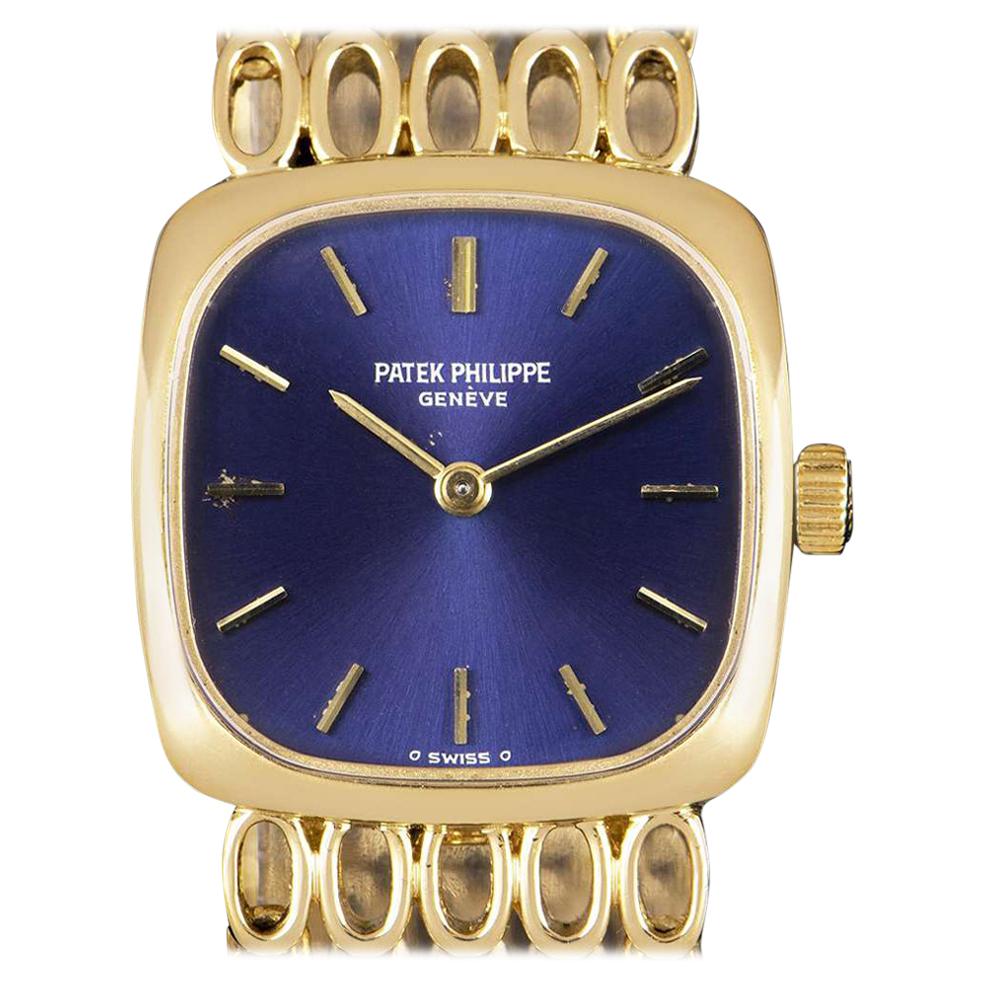 Vintage Patek Philippe Ellipse Yellow Gold Blue Dial 4179 Manual Wind Watch