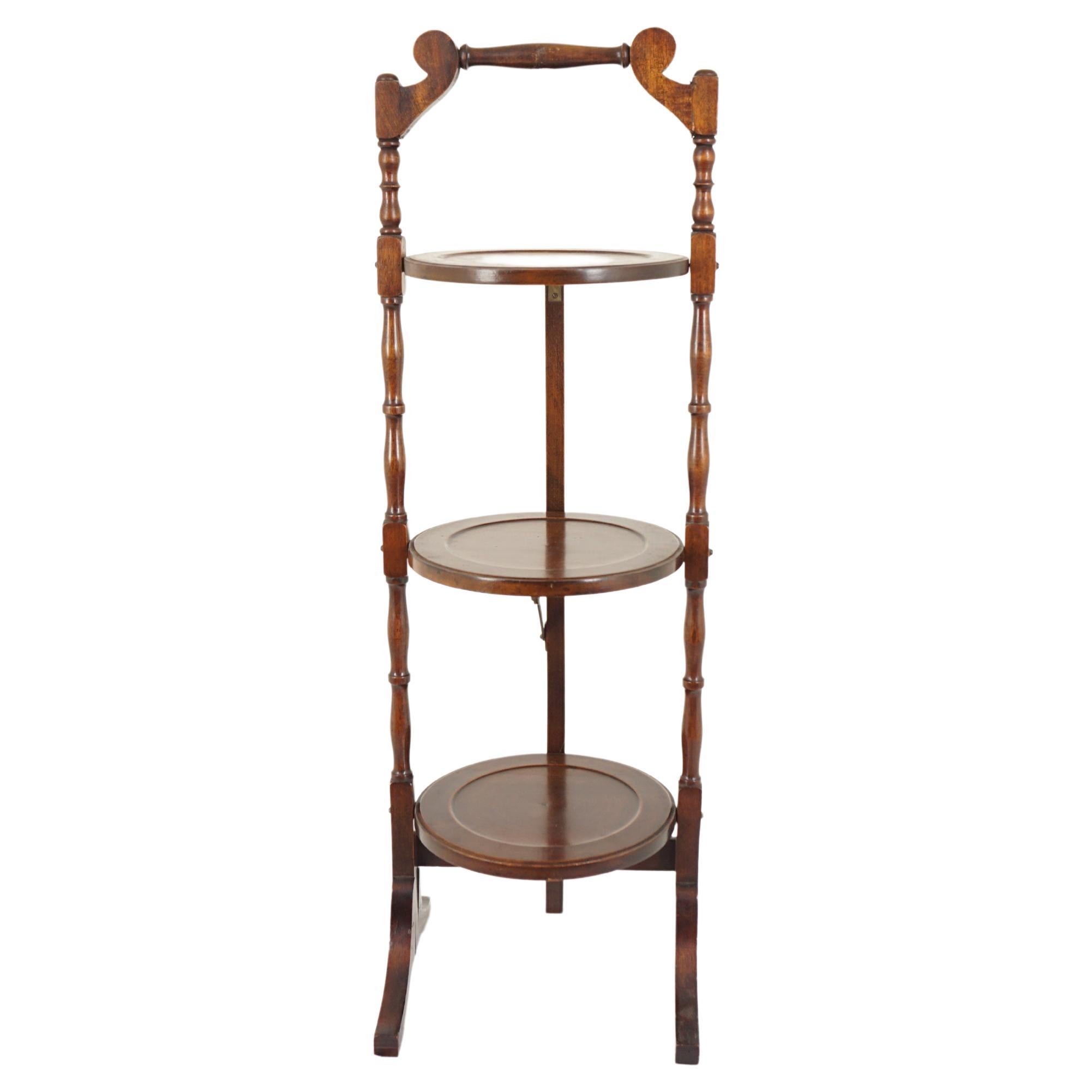 Vint. Solid Walnut 3 Tier Folding Cake Stand, Plant Stand, Scotland 1930, H879