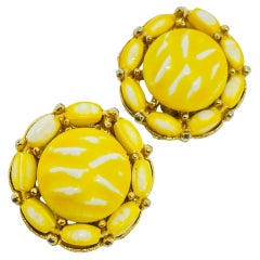 Vintae Gold Ton gelb weiß Kunstglas Designer Clip auf Ohrringe