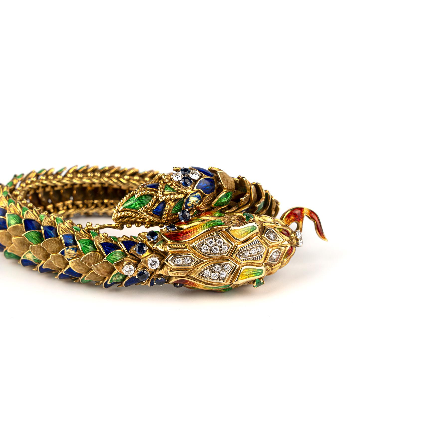 Mixed Cut Vintag Guilloché Enamel and Diamond Serpent Bracelet in 18k Yellow Gold For Sale