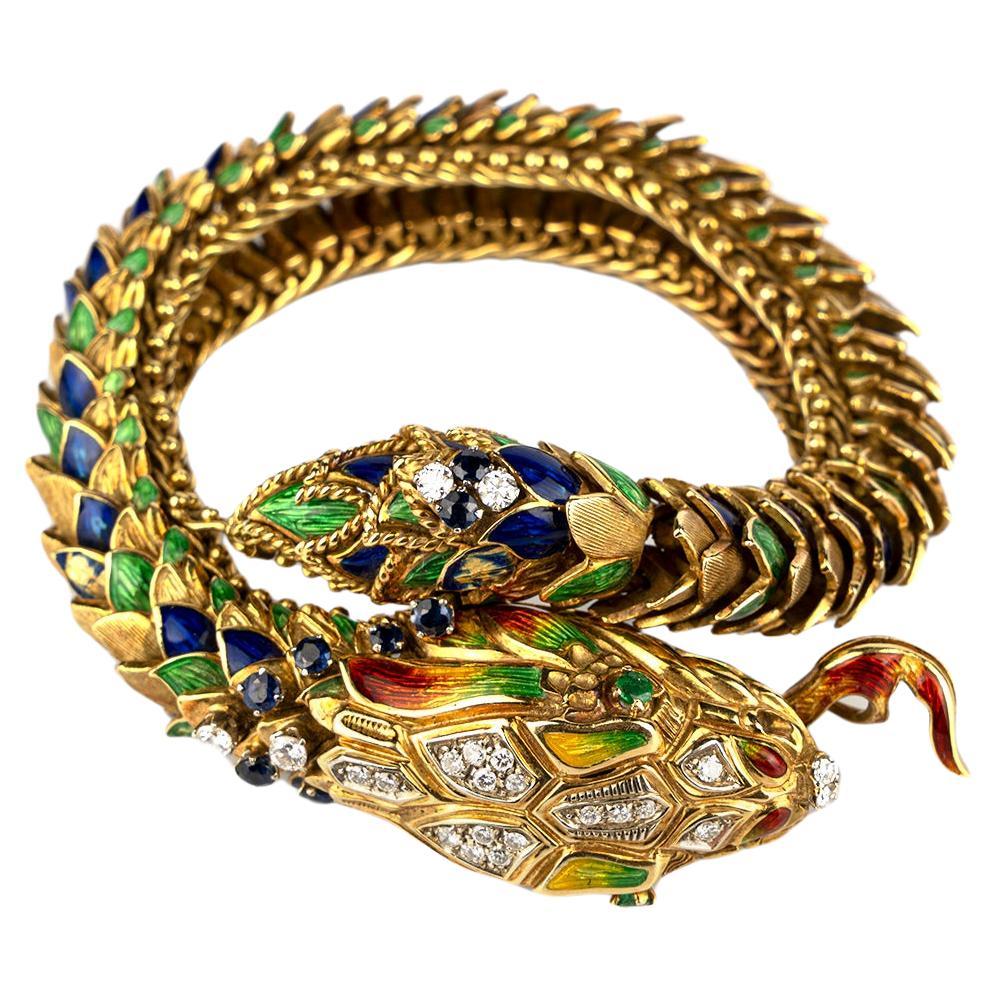 Vintag Bracelet serpent en émail guilloché et diamants en or jaune 18k en vente