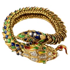 Vintag Guilloché Enamel and Diamond Serpent Bracelet in 18k Yellow Gold