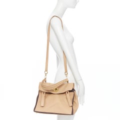 vintaga YVES SAINT LAURENT Muse Two beige Leder Umhängetasche mit Überschlag