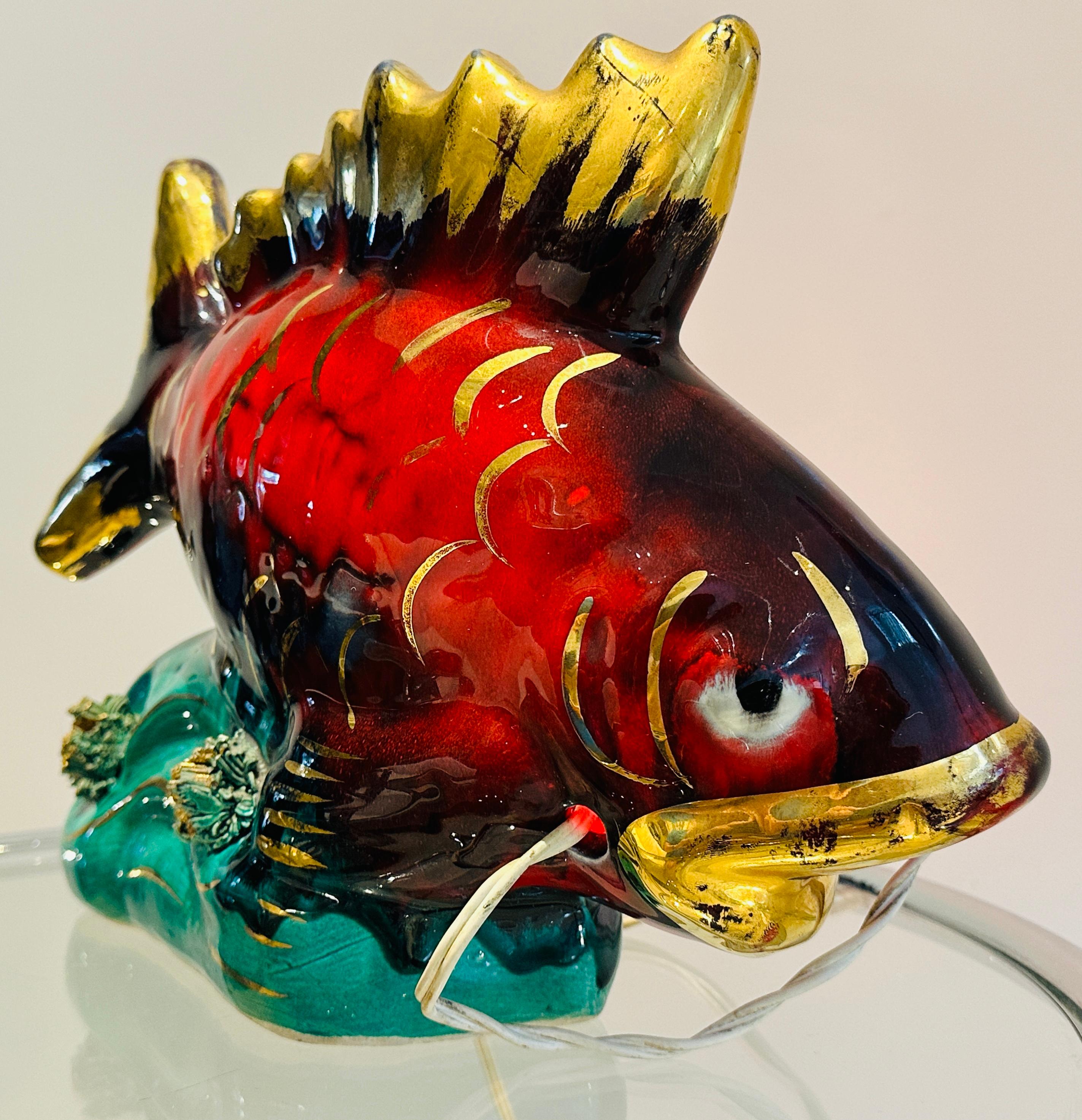 Vintage 1960s French Vallauris Ceramic Red & Gold Glazed Fish Table Lamp For Sale 4