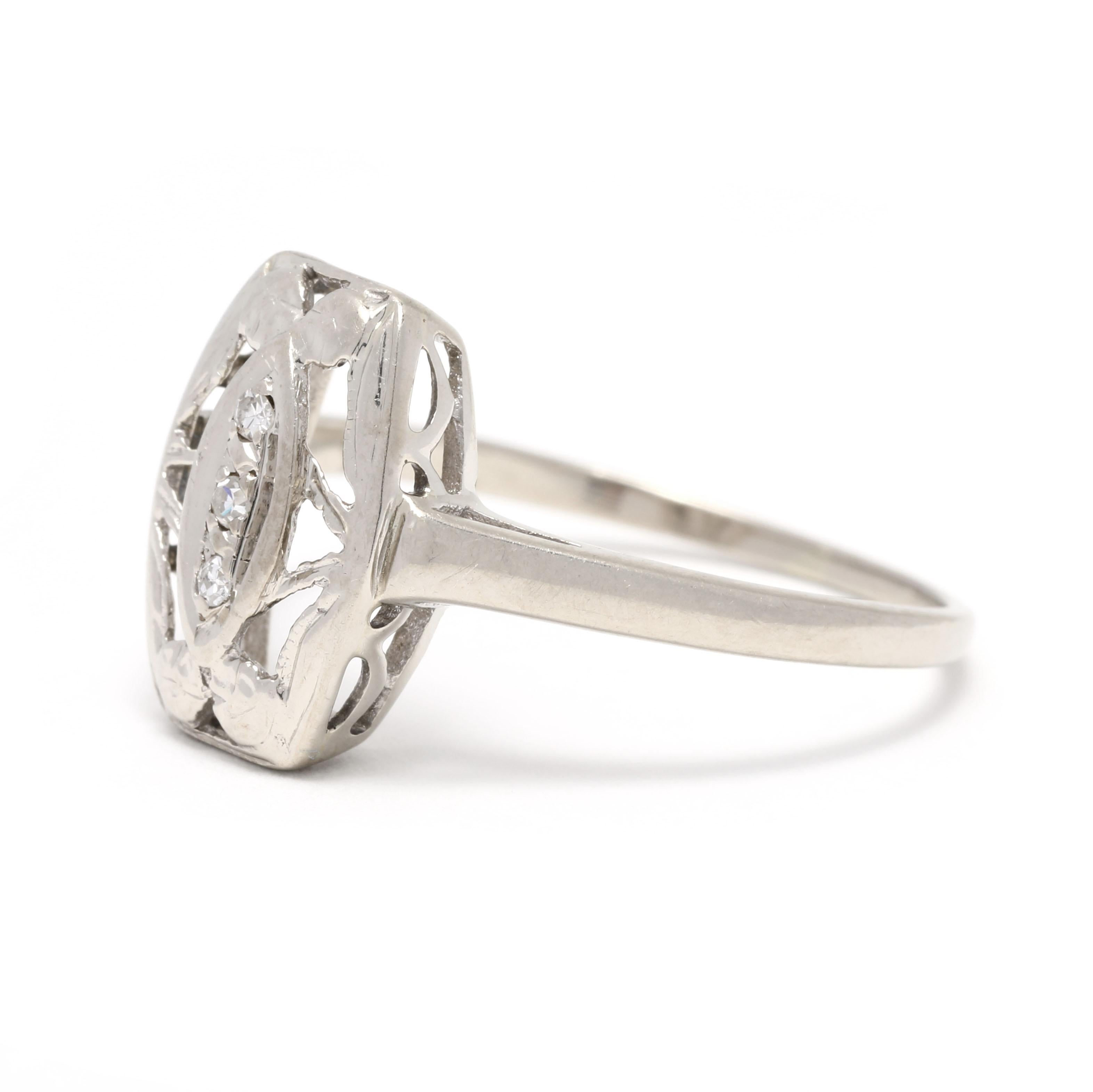 Round Cut Vintage 0.03ctw Diamond Navette Ring, 14k White Gold, Ring, circa 1950 For Sale