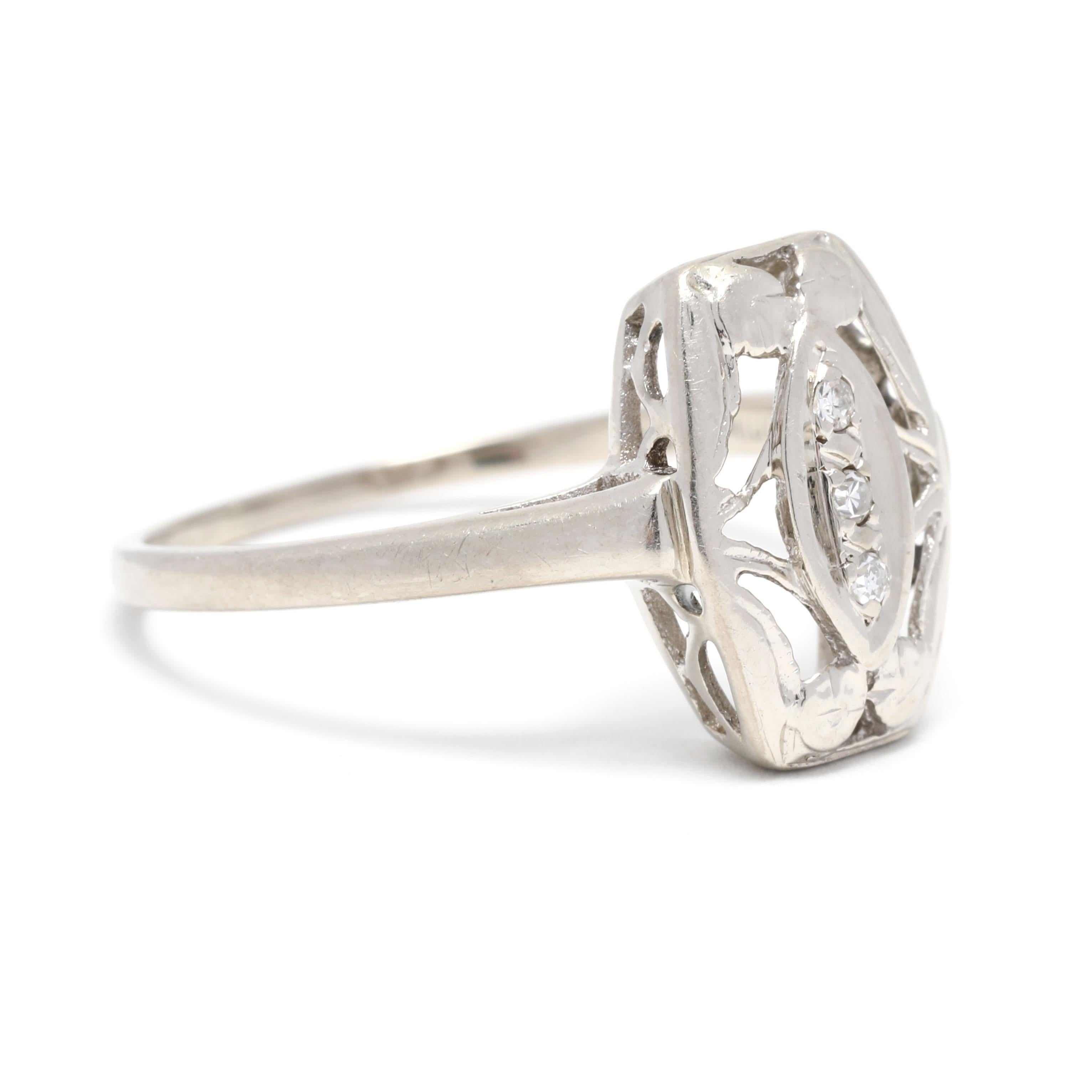 Vintage 0,03ctw Diamant Navette Ring, 14k Weißgold, Ring, um 1950 für Damen oder Herren im Angebot