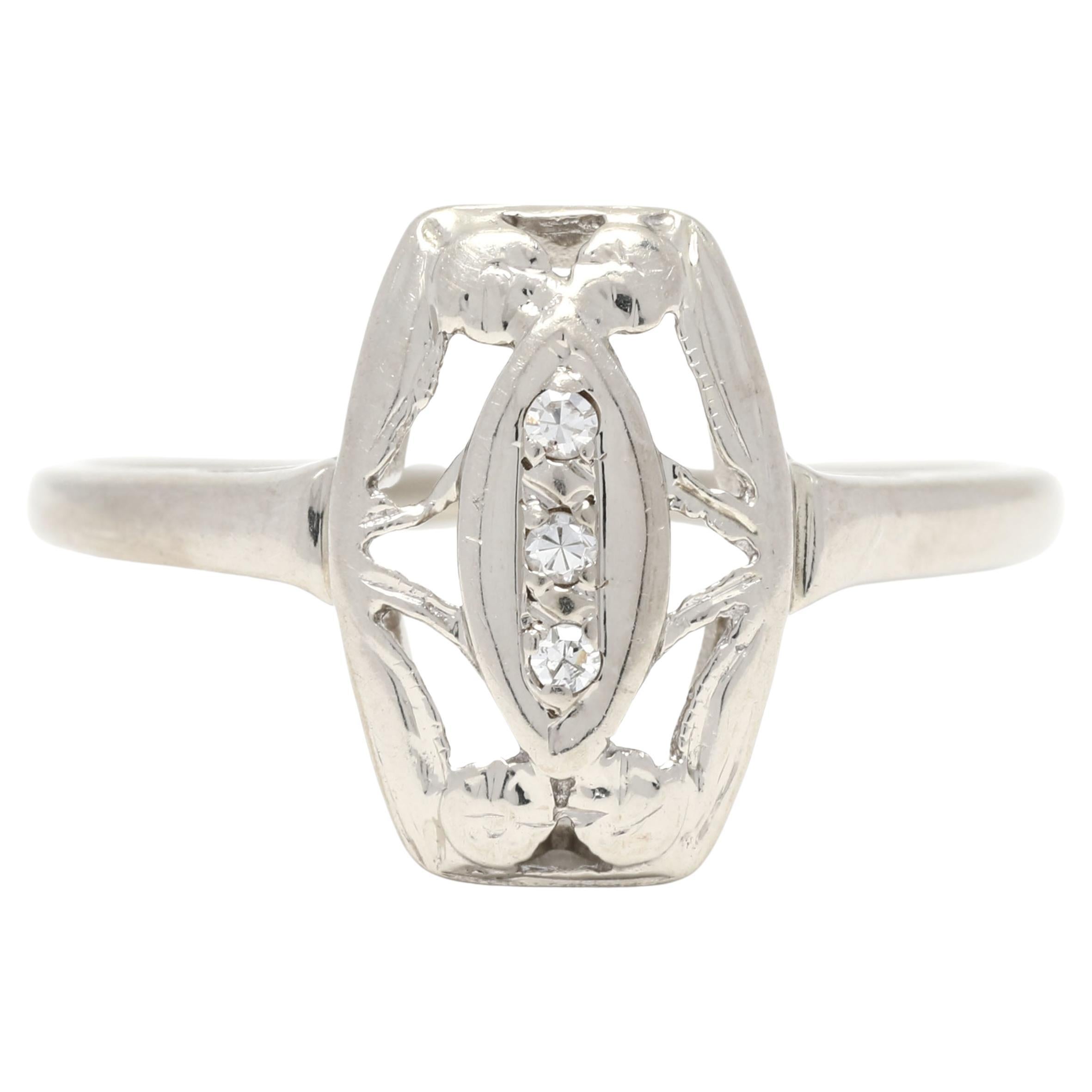 Vintage 0.03ctw Diamond Navette Ring, 14k White Gold, Ring, circa 1950 For Sale