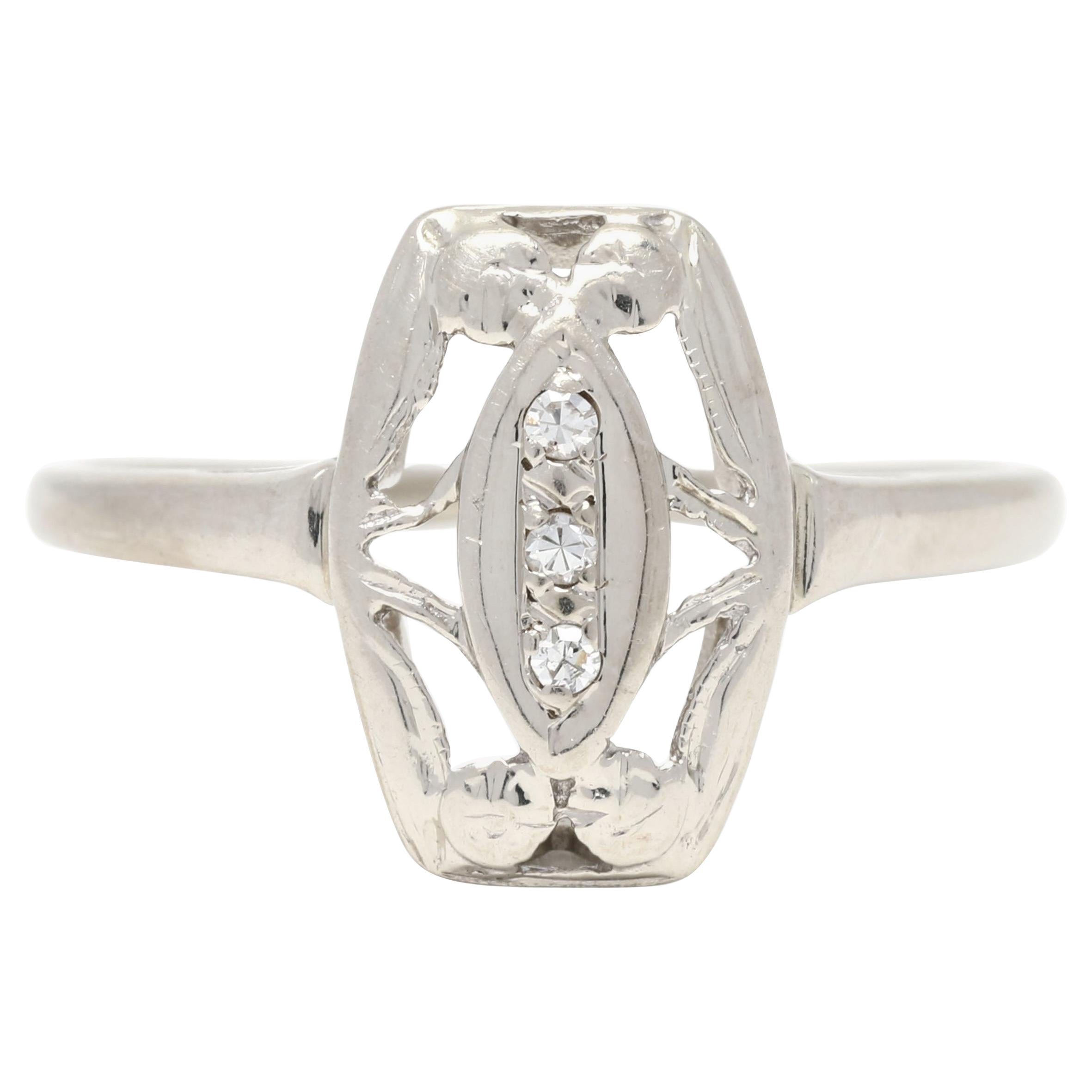 Vintage 0,03ctw Diamant Navette Ring, 14k Weißgold, Ring, um 1950