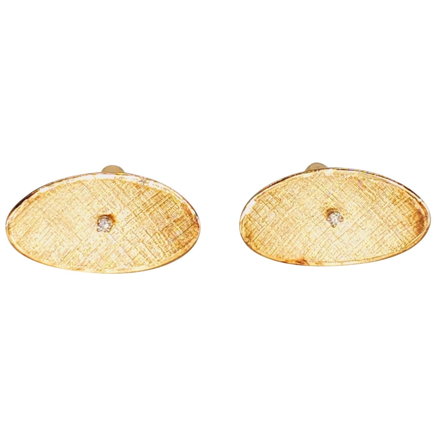 Vintage Diamonds Oval Cufflinks 14 Karat Gold For Sale