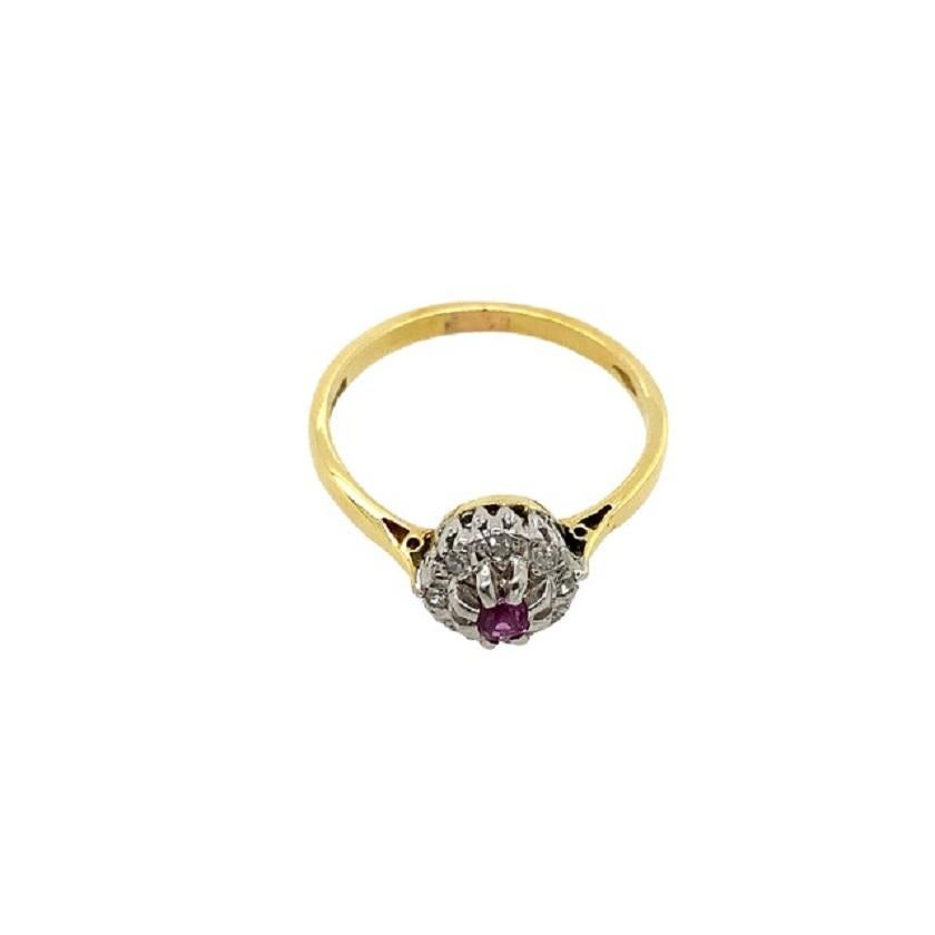 Round Cut Vintage 0.10ct Ruby & 0.06ct Diamond Cluster Ring in 18ct White & Yellow Gold For Sale