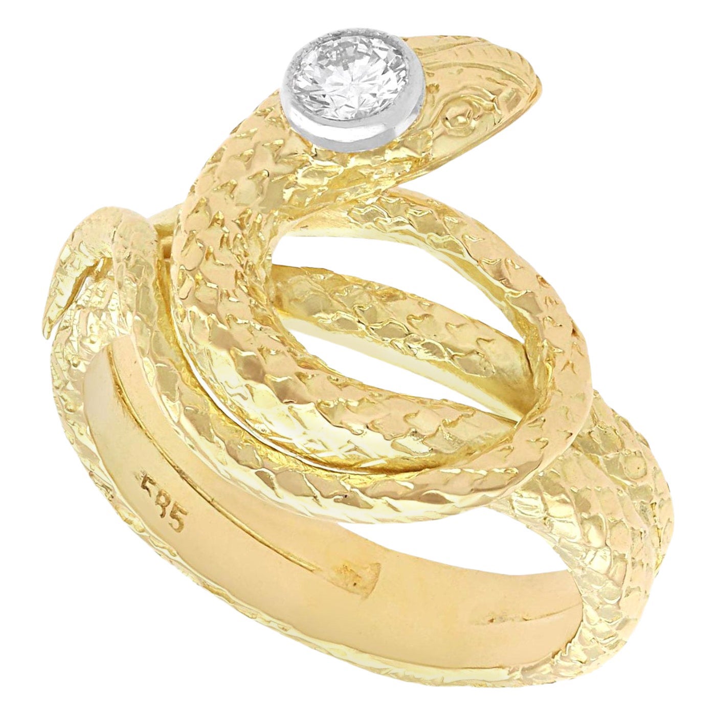 Vintage 0.13ct Diamond and 14ct Yellow Gold Snake Ring