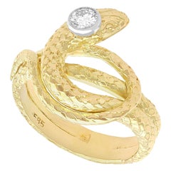 Vintage 0.13ct Diamond and 14ct Yellow Gold Snake Ring