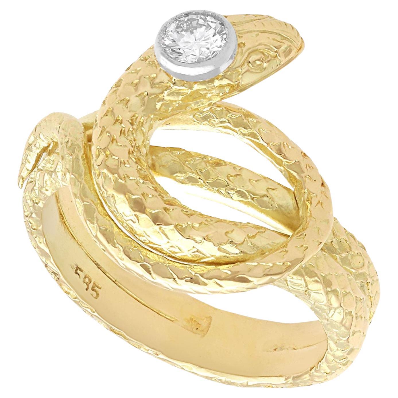 Vintage 0.13ct Diamond and 14ct Yellow Gold Snake Ring