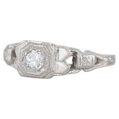 Vintage 0.14ct Transitional Cut Diamond Engagement Ring 18k White Gold Size 5