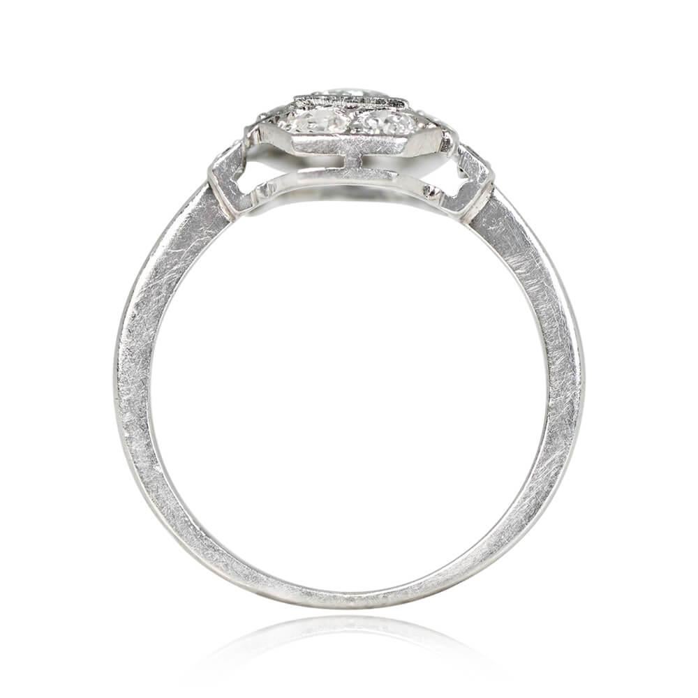 A geometric halo engagement ring featuring a 0.15-carat old European cut center diamond set in prongs within a square bezel. Additional old European cut diamonds adorn the sides, with rows of single-cut diamonds on either side and the shoulders. The