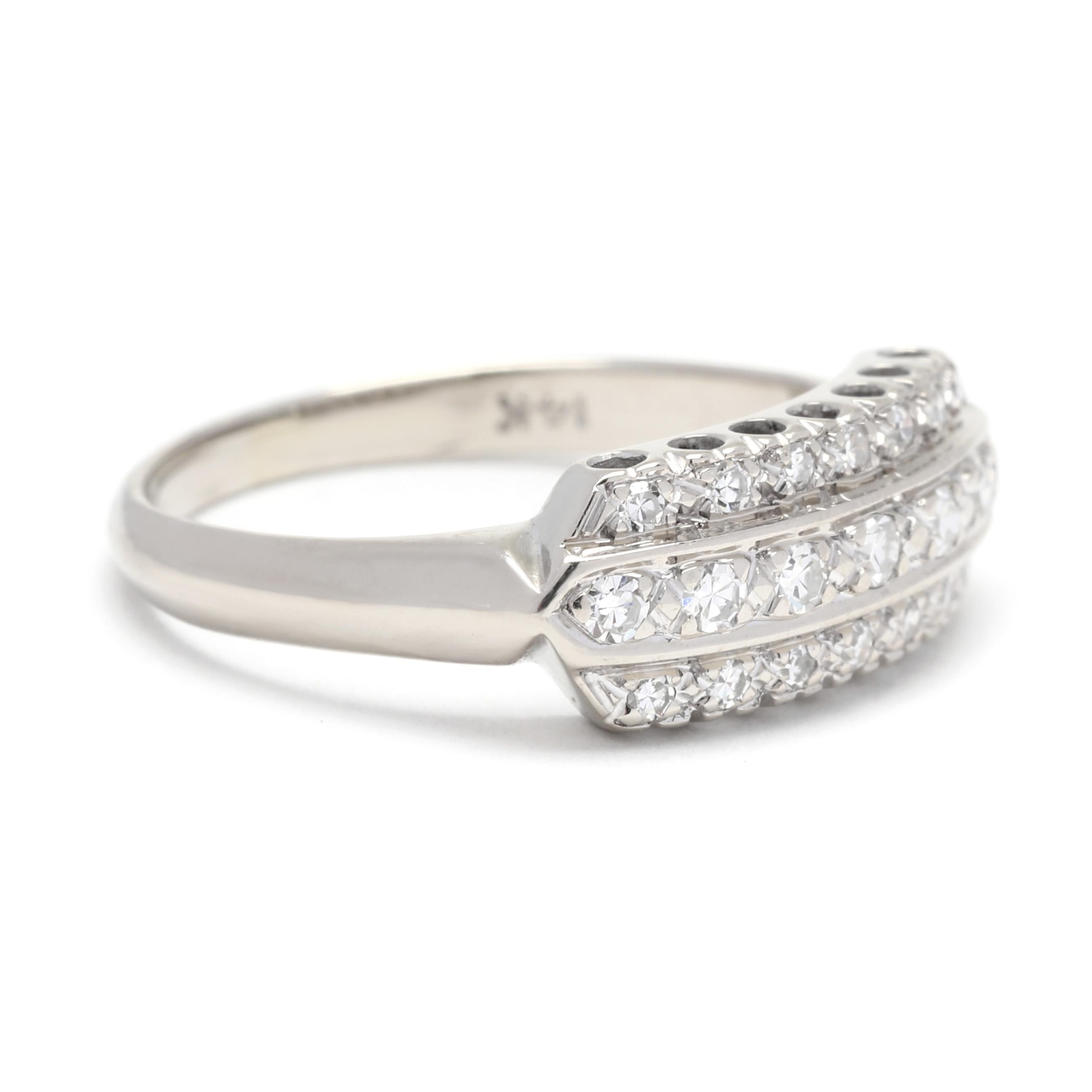 This vintage 0.15ctw three row diamond band is crafted in 14K white gold and is a size 4.25. The simple yet elegant design of this beautiful pinky ring is sure to make a statement. It features three rows of round diamonds that sparkle and shine,