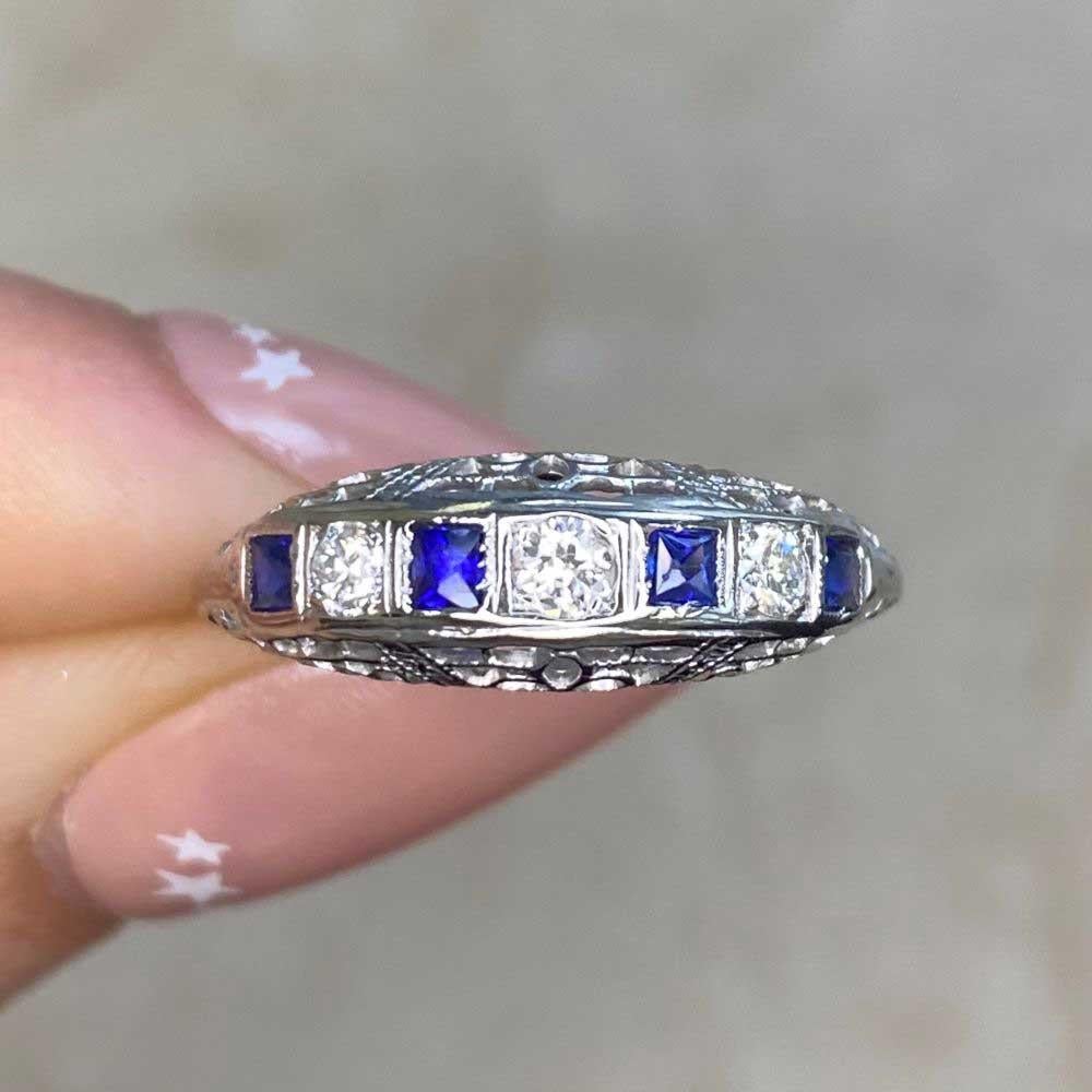 Vintage 0.19ct Diamond & 0.16ct Sapphire Band Ring, 18k White Gold, Circa 1950 For Sale 4