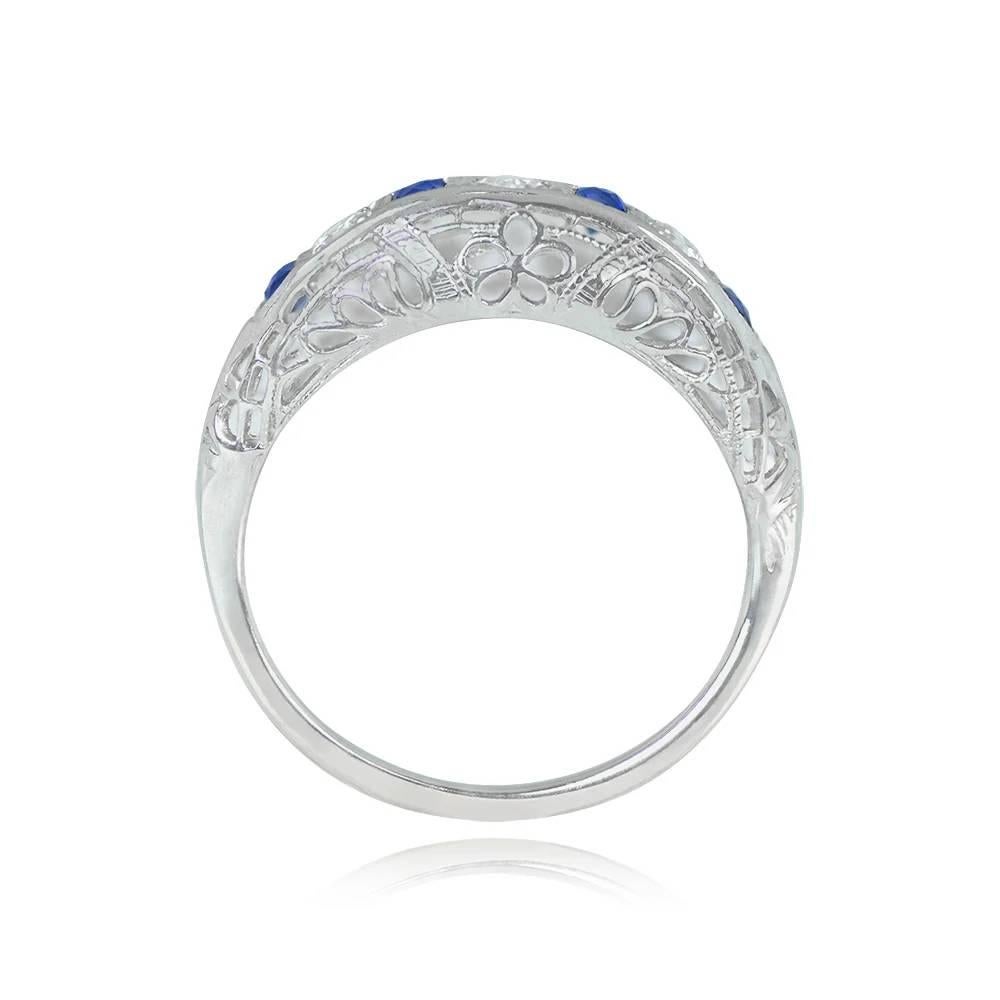 Old European Cut Vintage 0.19ct Diamond & 0.16ct Sapphire Band Ring, 18k White Gold, Circa 1950 For Sale