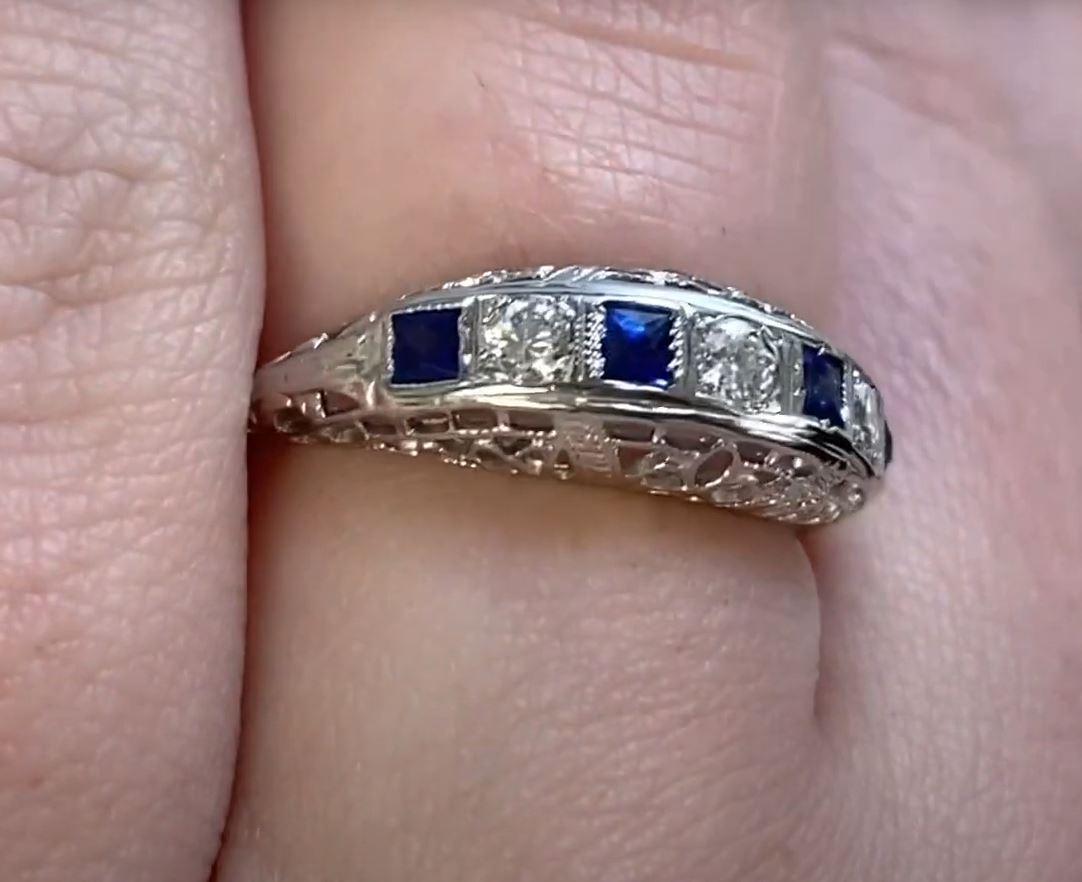 Women's Vintage 0.19ct Diamond & 0.16ct Sapphire Band Ring, 18k White Gold, Circa 1950 For Sale