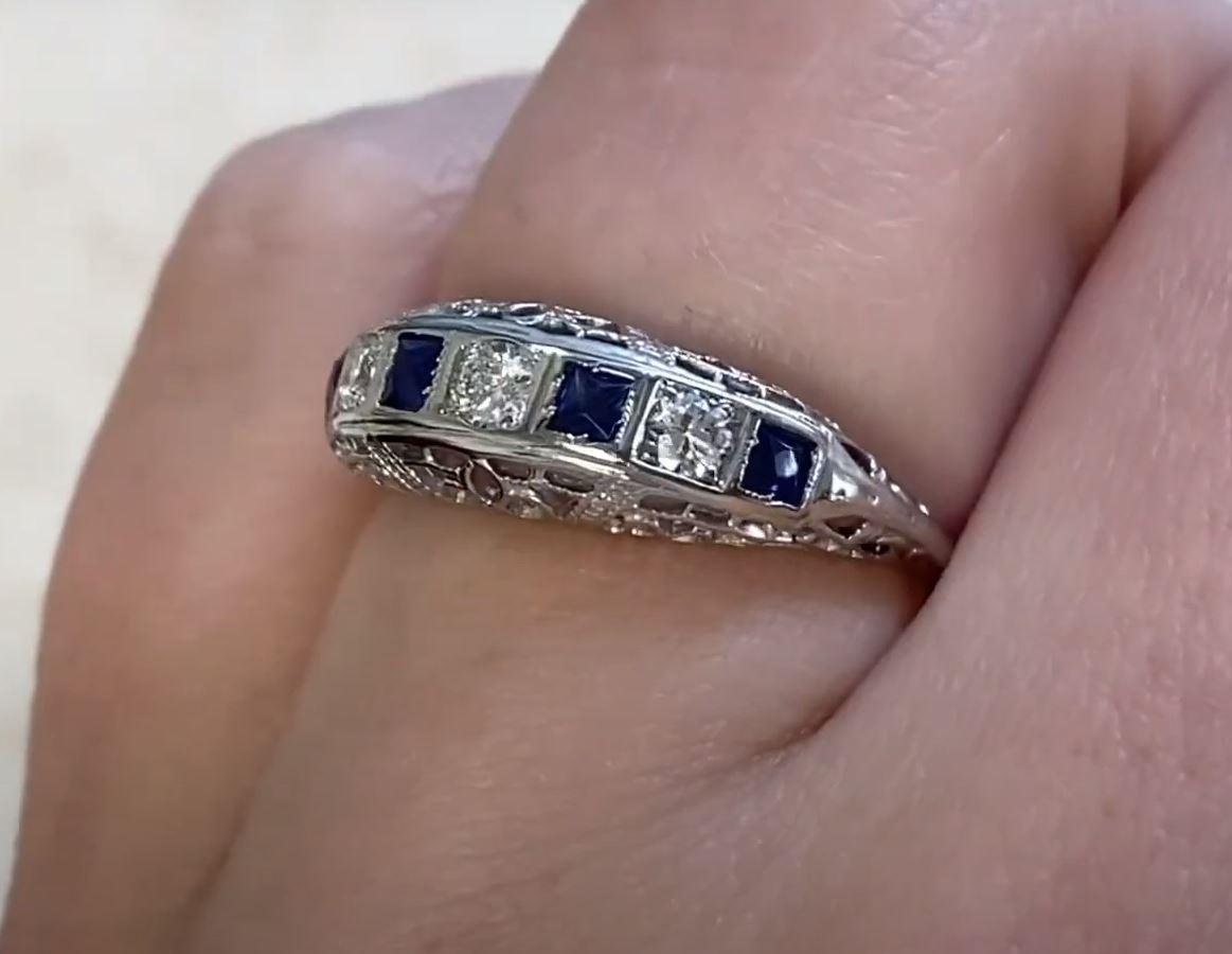 Vintage 0.19ct Diamond & 0.16ct Sapphire Band Ring, 18k White Gold, Circa 1950 For Sale 1