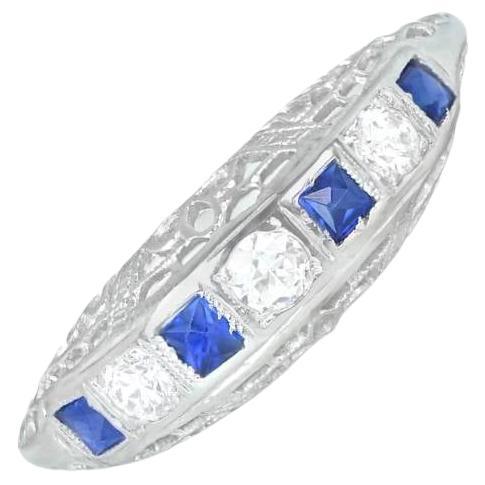 Vintage 0.19ct Diamond & 0.16ct Sapphire Band Ring, 18k White Gold, Circa 1950 For Sale