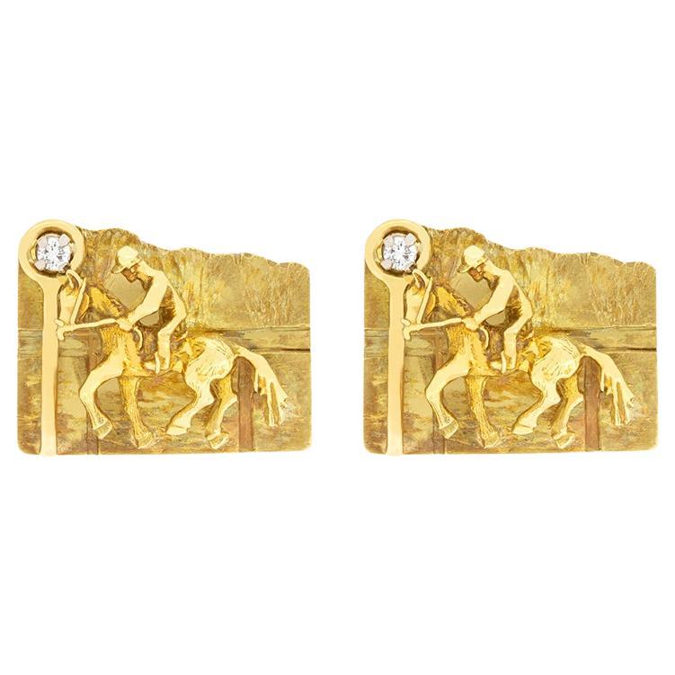 Boutons de manchette vintage cheval et jockey en diamants 0,20 carat, c.1973 en vente
