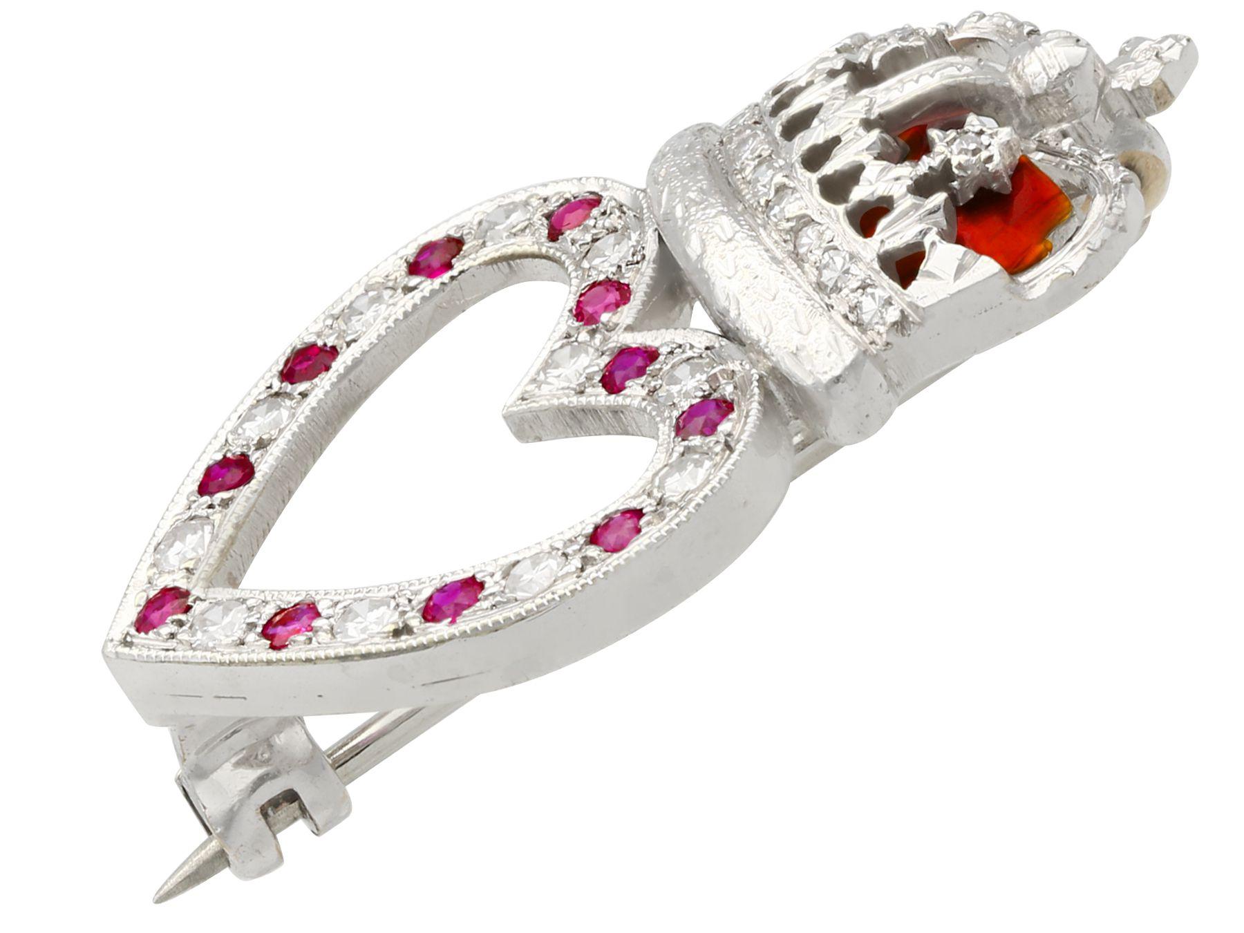 Round Cut Vintage 1955 Ruby and Diamond Enamel and White Gold Brooch