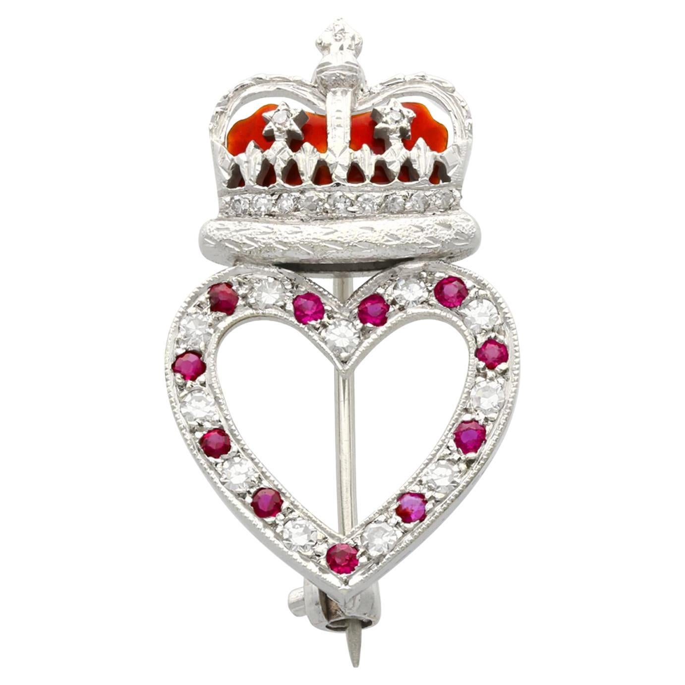 Vintage 1955 Ruby and Diamond Enamel and White Gold Brooch