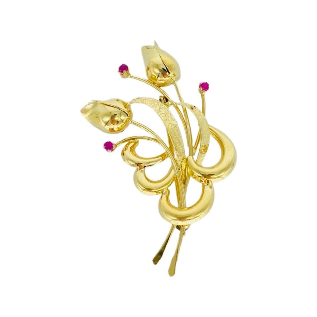Vintage 0.25 Carat Ruby Gem Tulip Brooch Pin 18k Gold For Sale 1