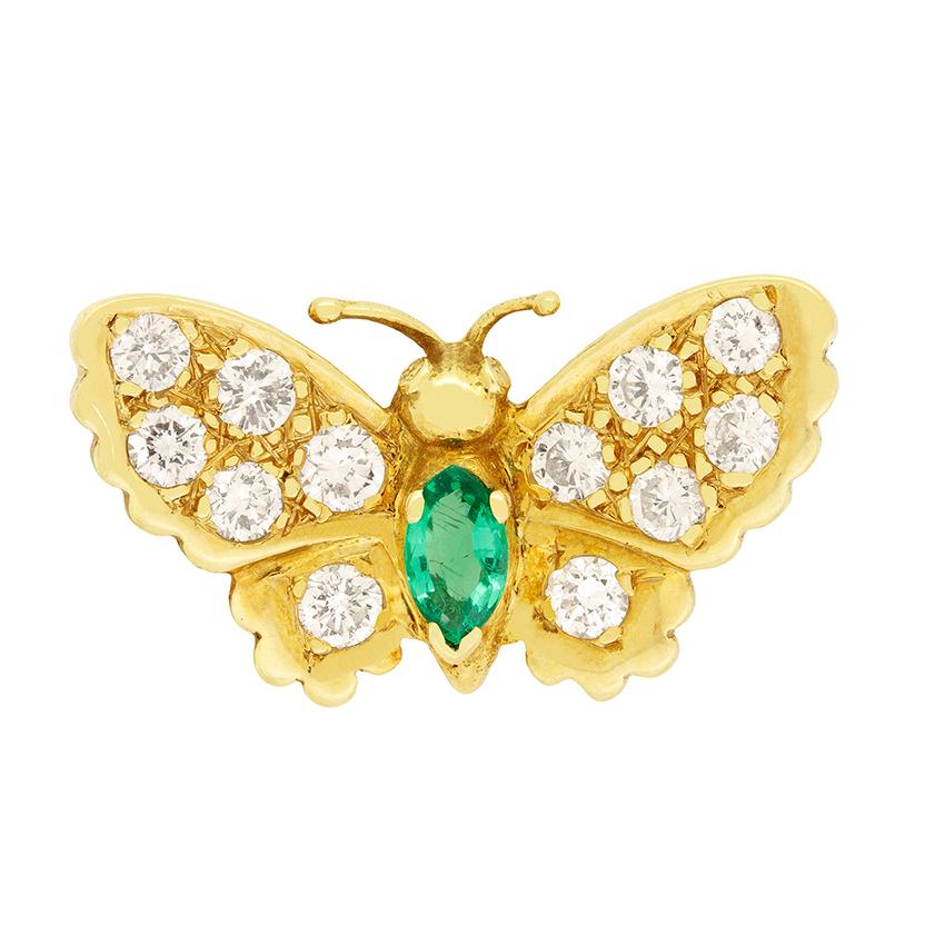 Brilliant Cut Vintage 0.25ct Emerald and Diamond Butterfly Brooch, c.1980s For Sale