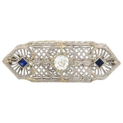 Vintage 0.30ct European Diamond and Sapphire Brooch in 14K White Gold