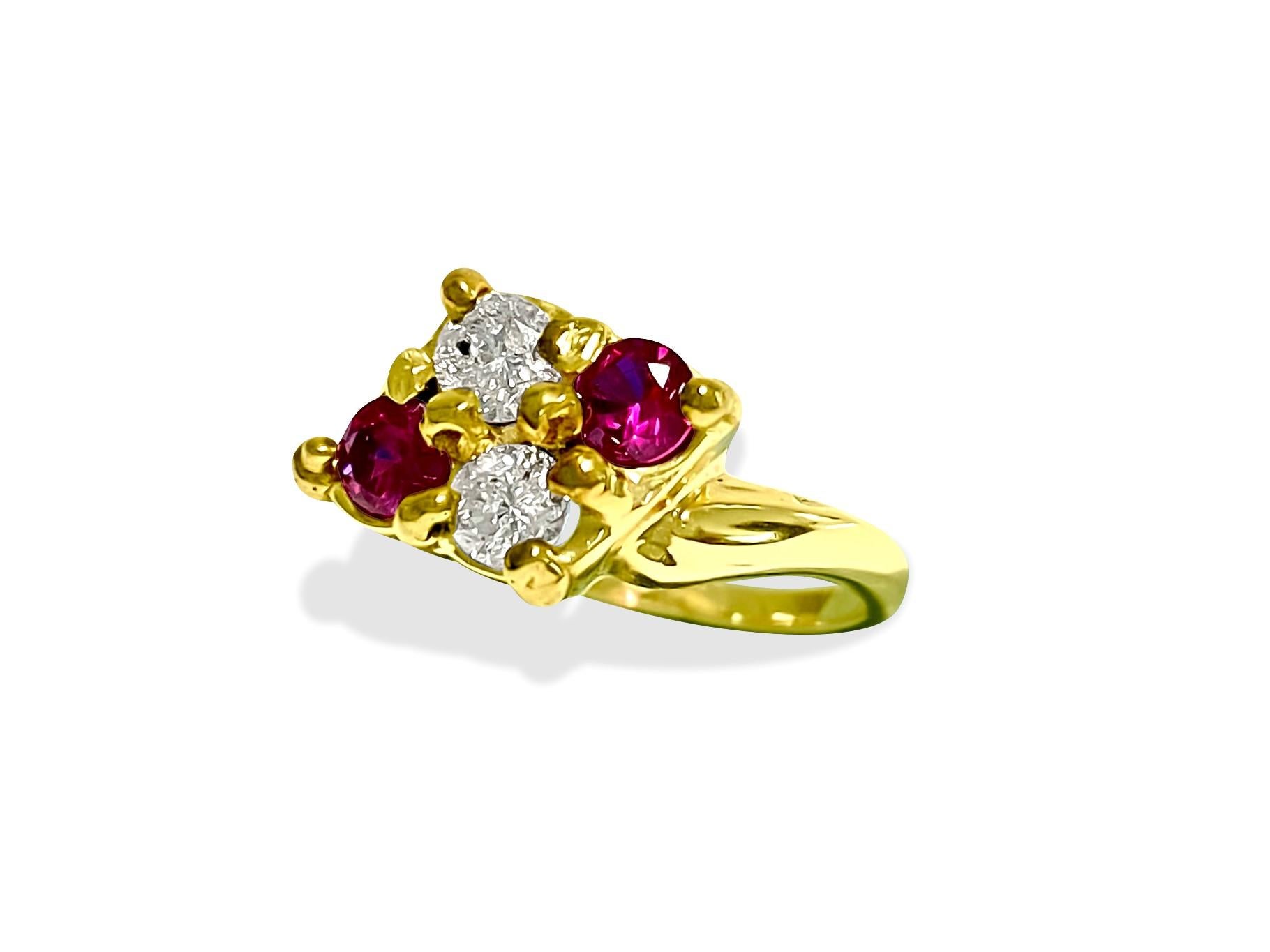 Metal: 14k yellow gold. 

0.20 carat diamonds. VS-SI clarity and G color. Round brilliant cut diamonds. 

0.20 carat Burma ruby. Blood pigeon color ruby. 

Total carat weight of all gemstones: 0.40 carats. All gemstones set in prong setting. 
All