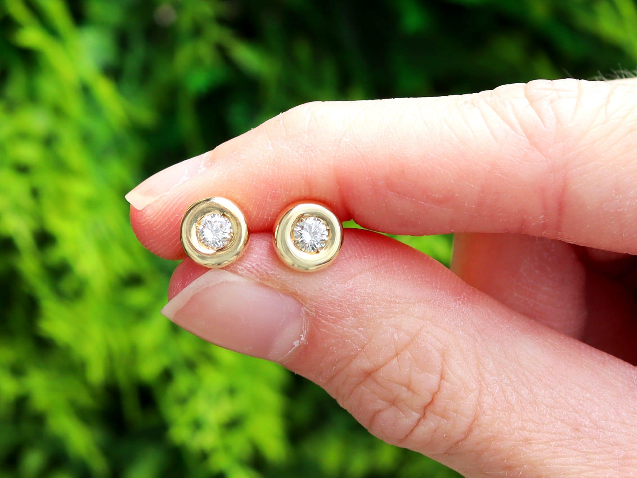 A fine and impressive pair of vintage 0.40 carat single stone diamond and 18 karat yellow gold stud earrings; part of our vintage stud earring collections.

These fine and impressive vintage stud earrings have been crafted in 18k yellow gold.

The