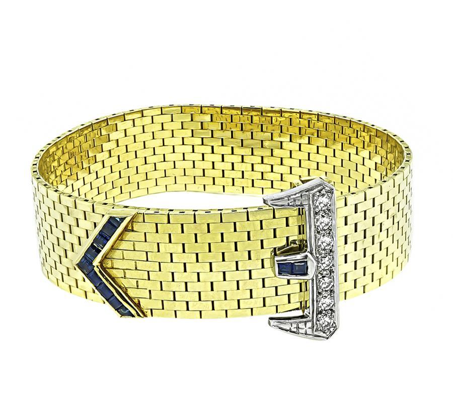 Round Cut Vintage 0.40ct Diamond Sapphire Gold Belt Buckle Bracelet For Sale