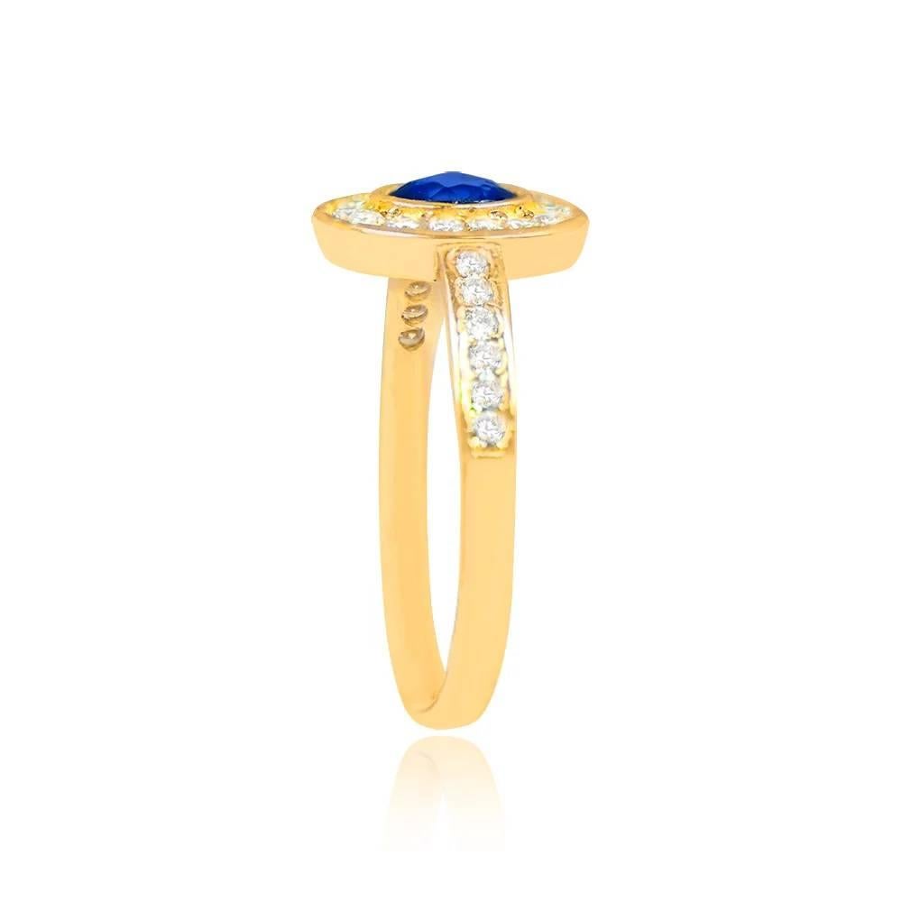 Art Deco Vintage 0.40ct Oval Cut Sapphire Engagement Ring, Diamond Halo, 18k Yellow Gold For Sale