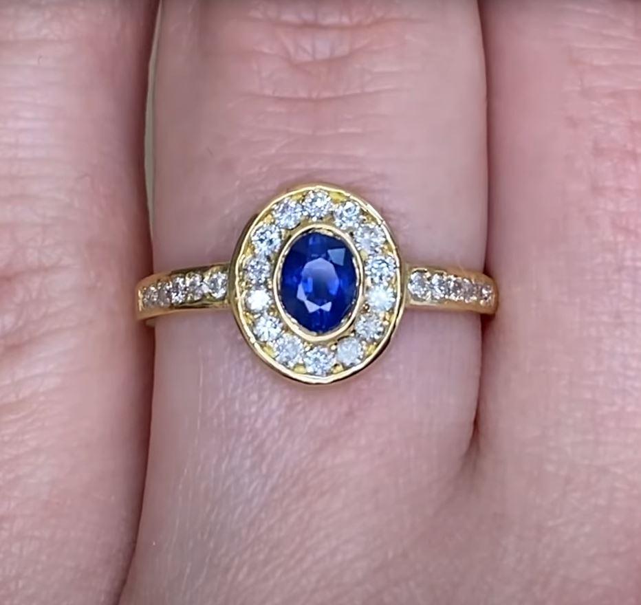 Women's Vintage 0.40ct Oval Cut Sapphire Engagement Ring, Diamond Halo, 18k Yellow Gold For Sale