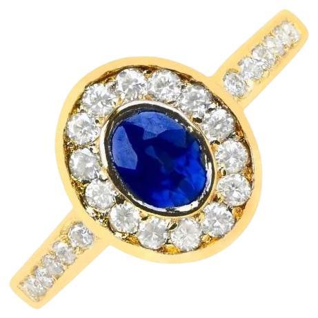 Vintage 0.40ct Oval Cut Sapphire Engagement Ring, Diamond Halo, 18k Yellow Gold