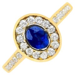 Retro 0.40ct Oval Cut Sapphire Engagement Ring, Diamond Halo, 18k Yellow Gold