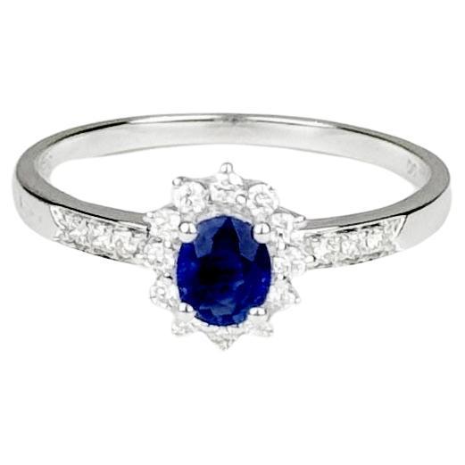 Anillo vintage de diamantes con zafiro azul de Sri Lanka de 0,40 ct en oro blanco de 18 quilates