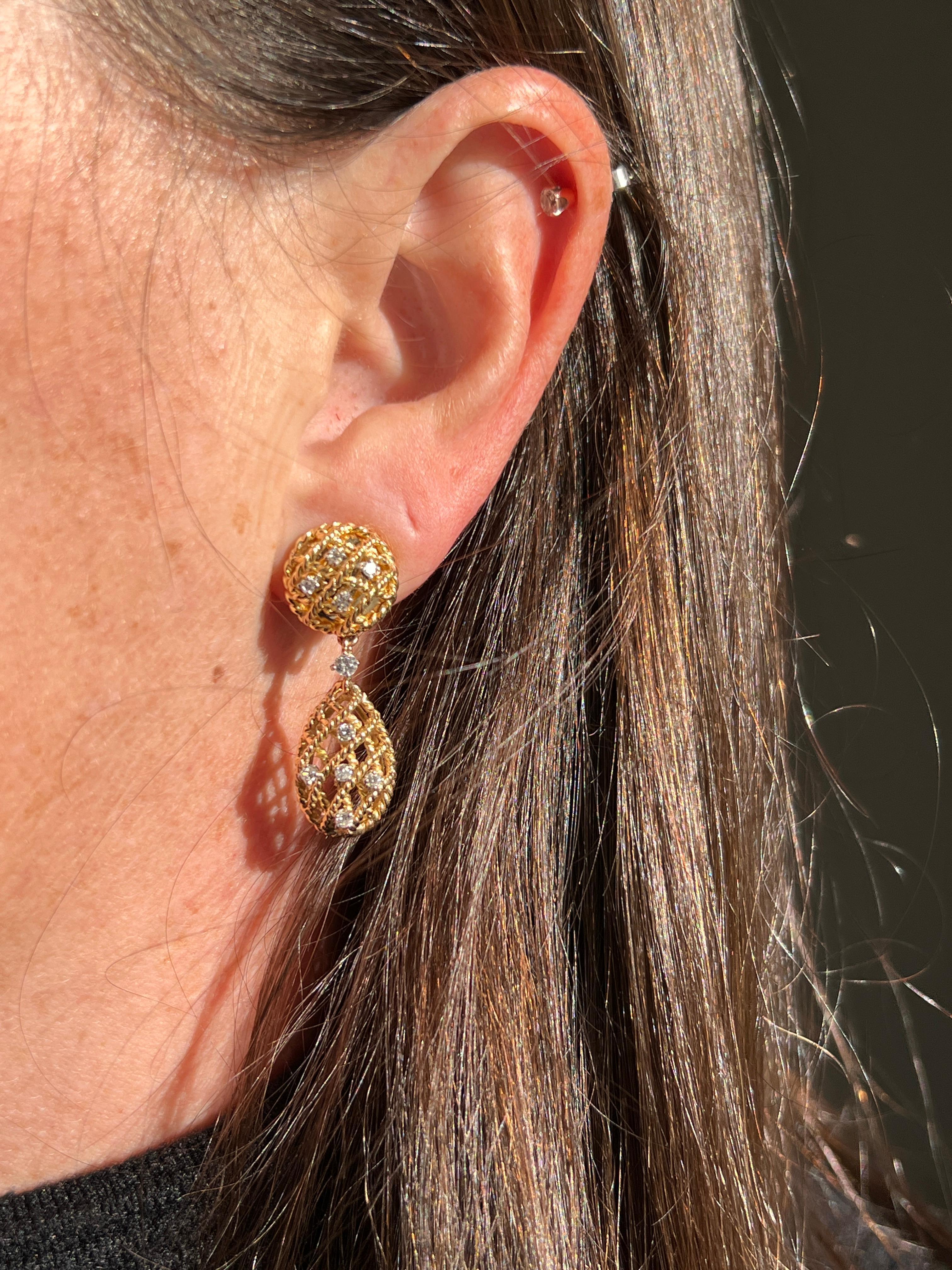 Vintage 0,45 tcw Diamant 14k Gelbgold baumeln nicht durchbohrt Ohrringe 1980s (Zeitgenössisch) im Angebot