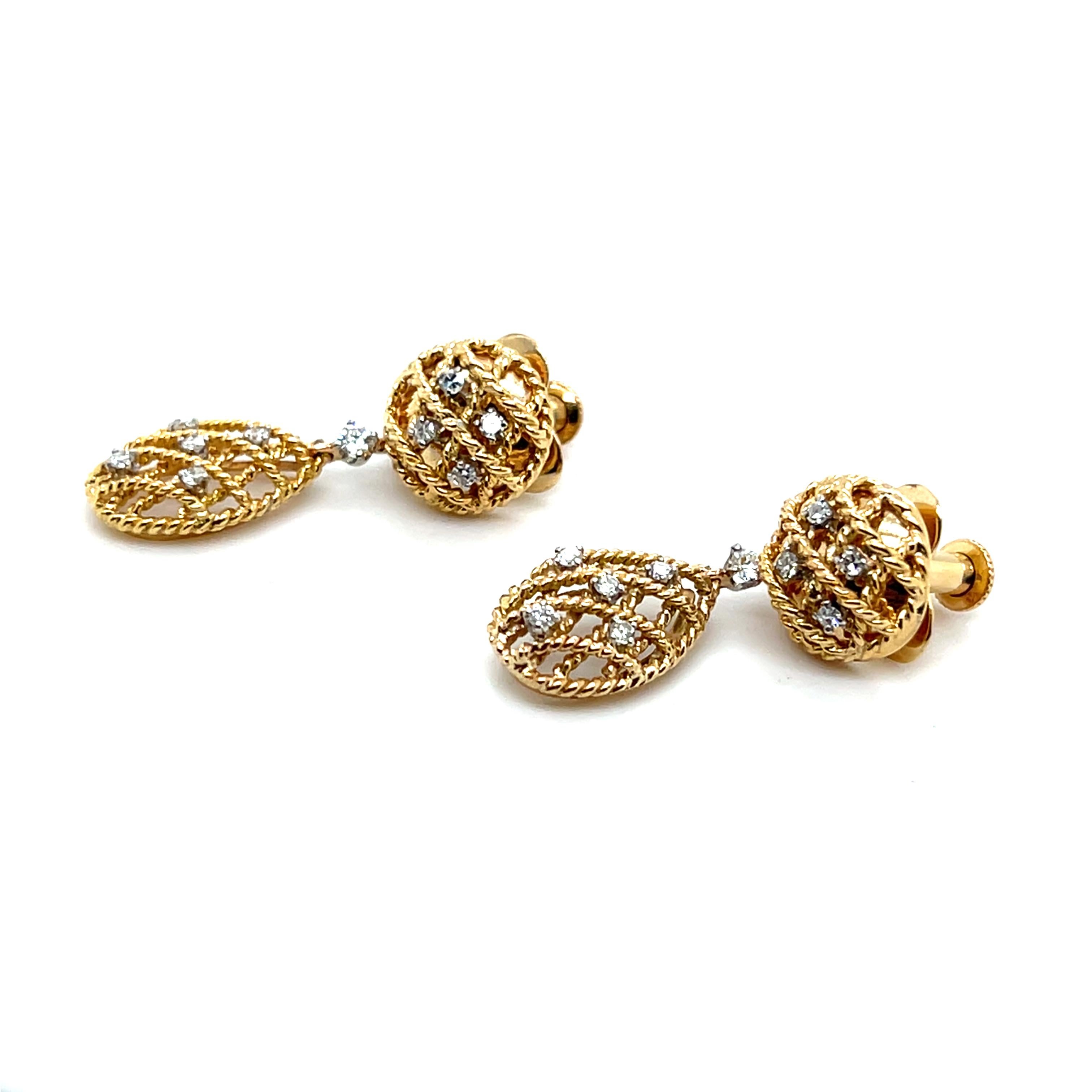 Vintage 0,45 tcw Diamant 14k Gelbgold baumeln nicht durchbohrt Ohrringe 1980s (Rundschliff) im Angebot