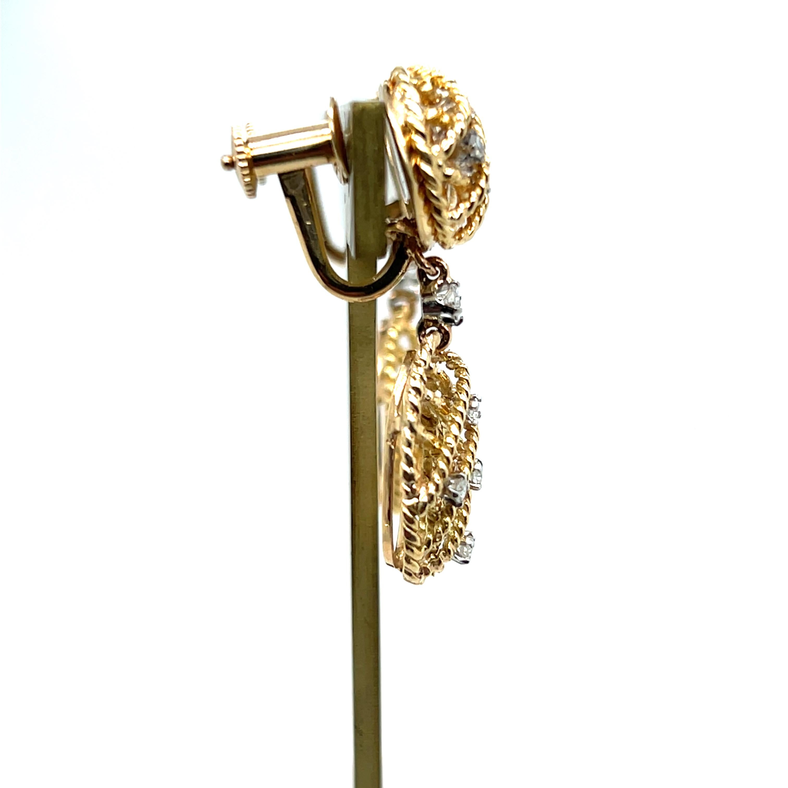 Vintage 0,45 tcw Diamant 14k Gelbgold baumeln nicht durchbohrt Ohrringe 1980s für Damen oder Herren im Angebot