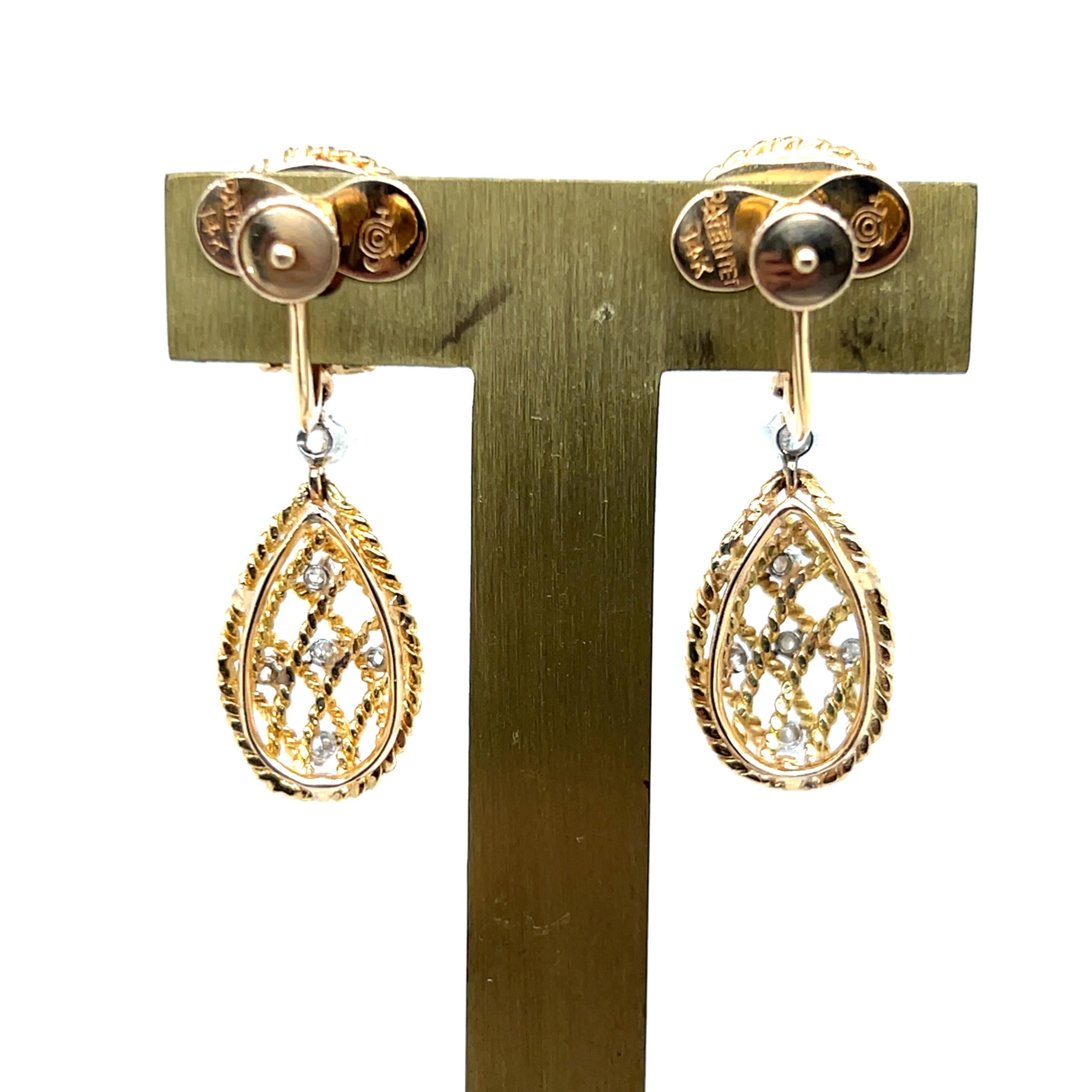 Vintage 0,45 tcw Diamant 14k Gelbgold baumeln nicht durchbohrt Ohrringe 1980s im Angebot 1