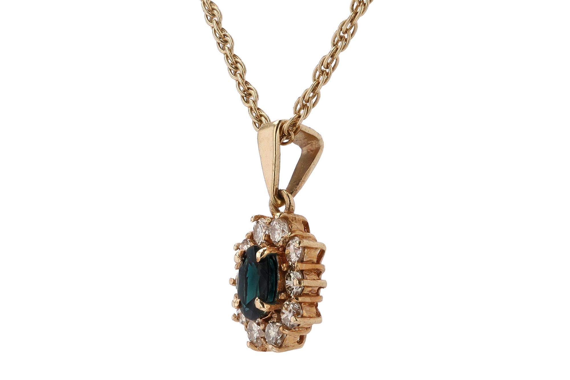 Oval Cut Vintage 0.48 Carat Blue Sapphire and Diamond Halo Necklace