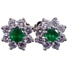 Vintage 0.50 Carat Emerald and 1.12 Carat Diamond Cluster Earrings, White Gold