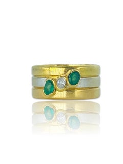 Vintage 0.50 Carat Oval Emeralds & Diamond 3-Row Tri-color Gold Band Ring 18k