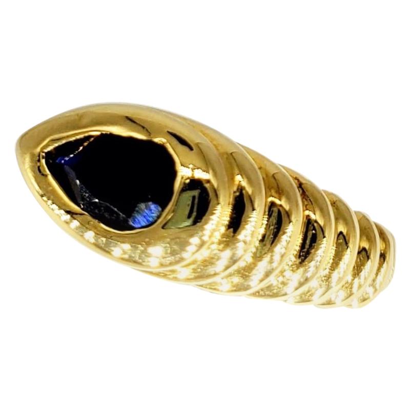 Vintage 0.50 Carat Pear Shape Dark Blue Sapphire 3D Bold Design Ring 18 Karat For Sale