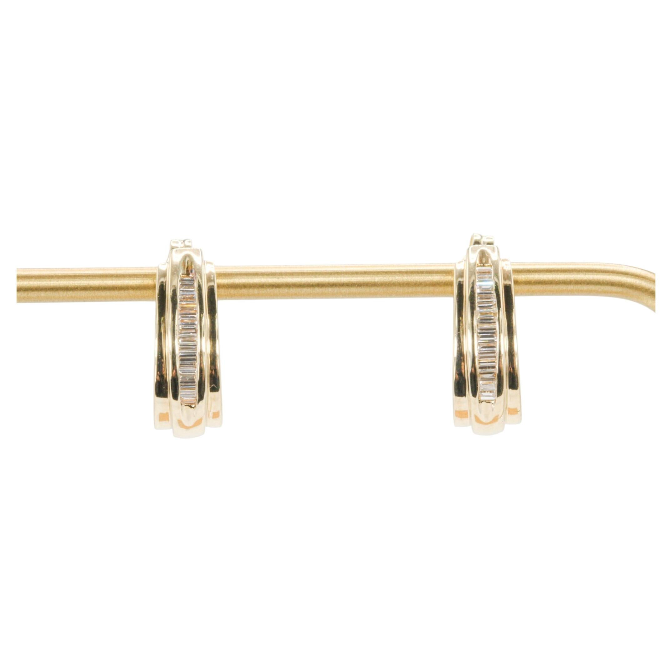 Vintage 0.50 CTW Baguette Cut Diamonds in 14K Yellow Gold J Hoop Earrings